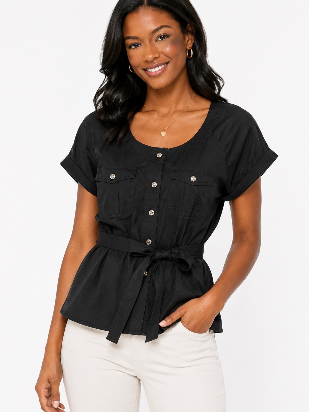 New York & Co. black belted short sleeve blouse, size S